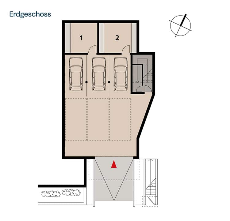 Grundriss einer Garage mit drei Stellplätzen und einem Abstellraum.
